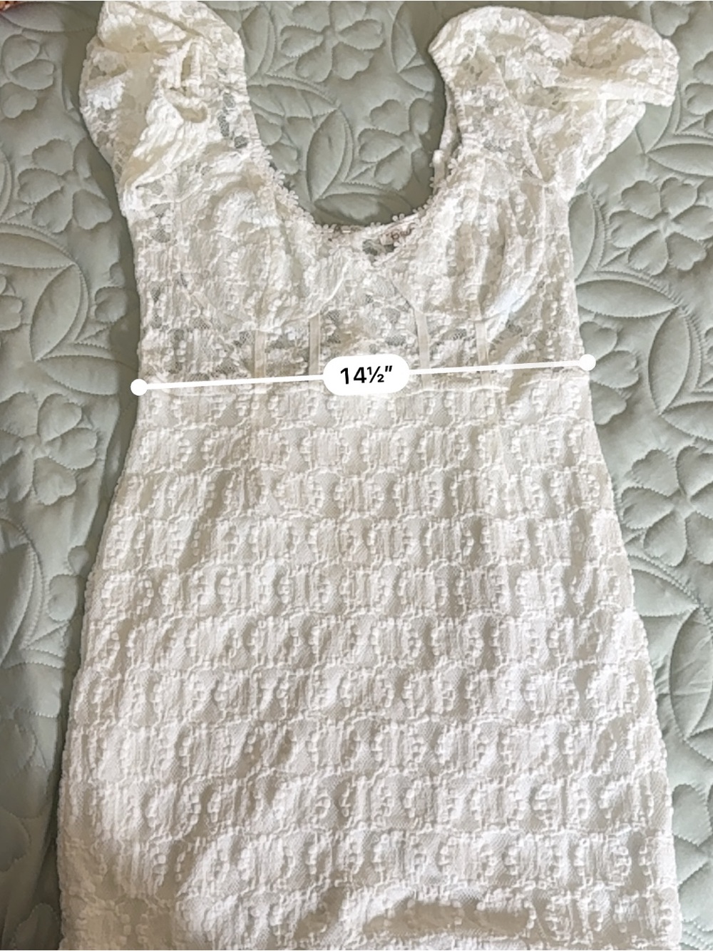 Blush BJ White Floral Lace Sheer V-Neck Puff Short Sleeve Sheath Knee L - Picture 8 of 8